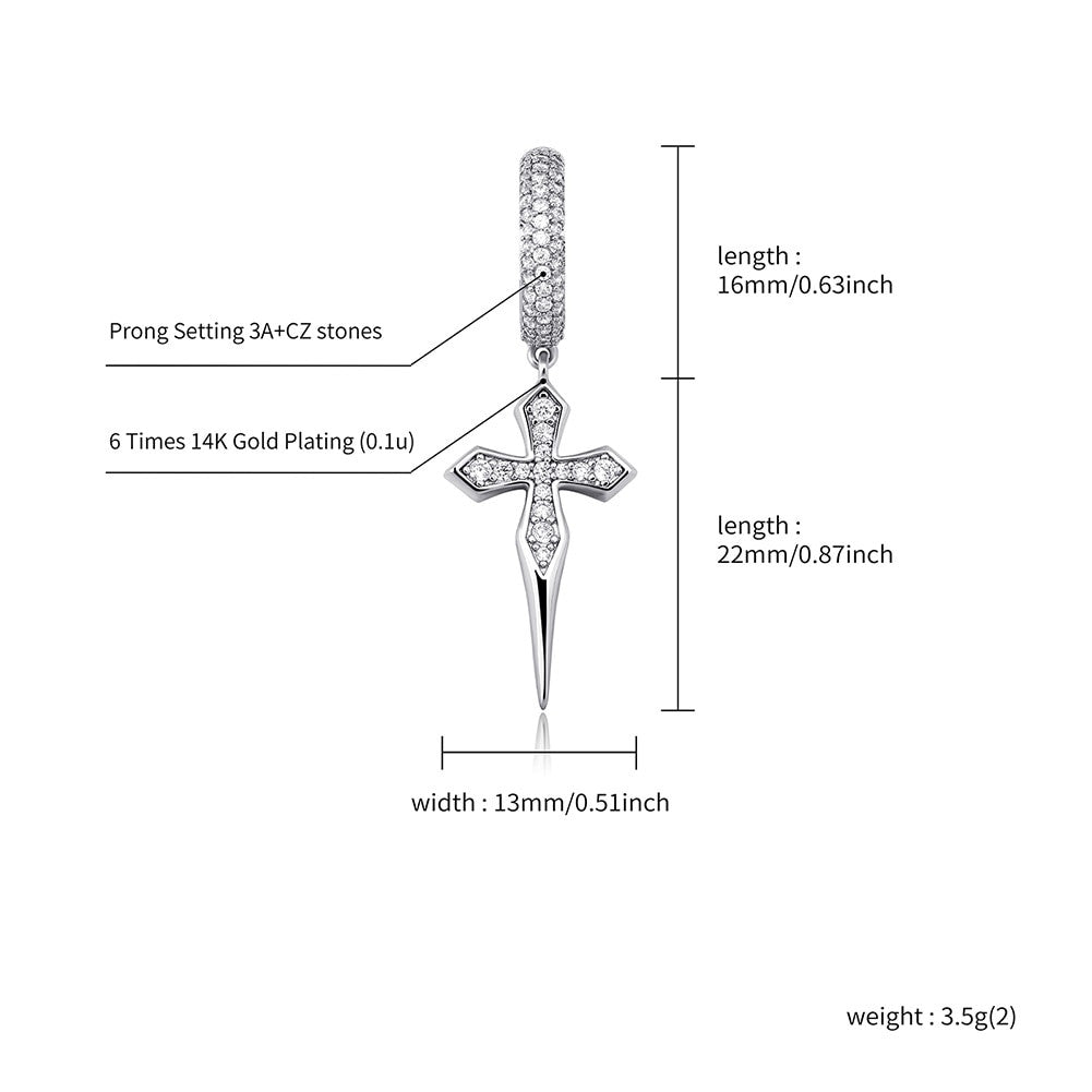 Solid 925 Sterling Silver 14k Gold Dagger Cross Huggie Hoop Hip Hop Style Bling Earrings