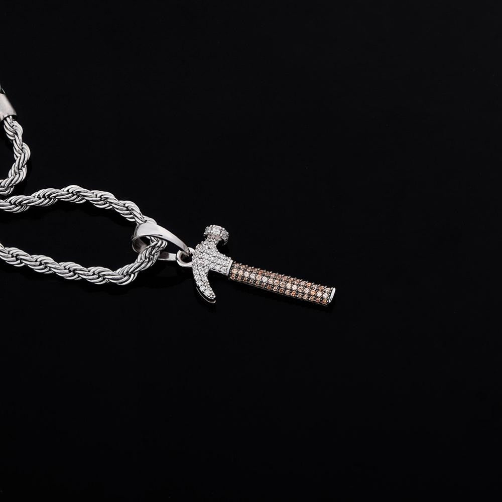 Flooded Ice 925 Sterling Silver Simulated Diamond Hammer Bling Pendant