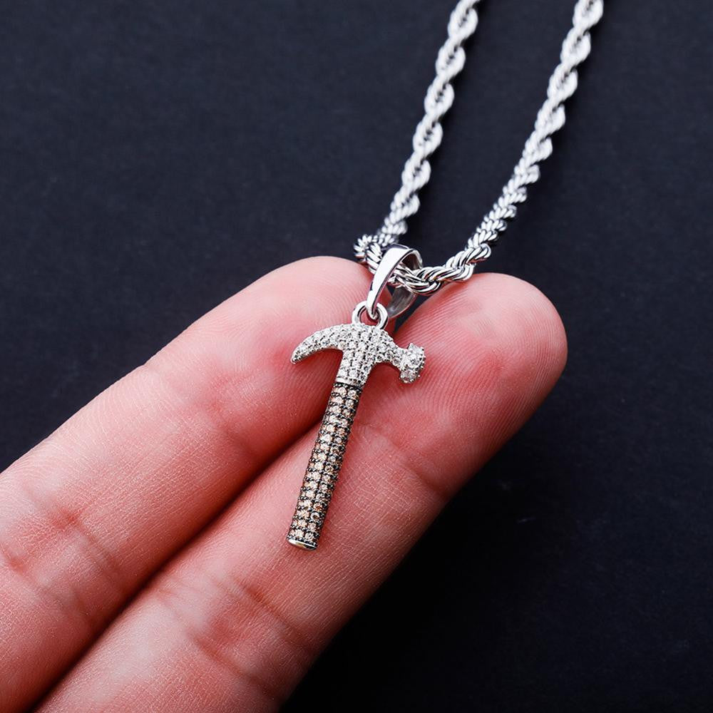 Flooded Ice 925 Sterling Silver Simulated Diamond Hammer Bling Pendant