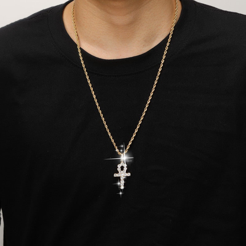 Key Of Life 925 Sterling Silver Iced Ankh Cross Egyptian Pendant Necklace