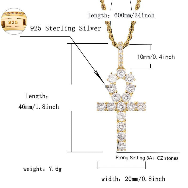 Key Of Life 925 Sterling Silver Iced Ankh Cross Egyptian Pendant Necklace