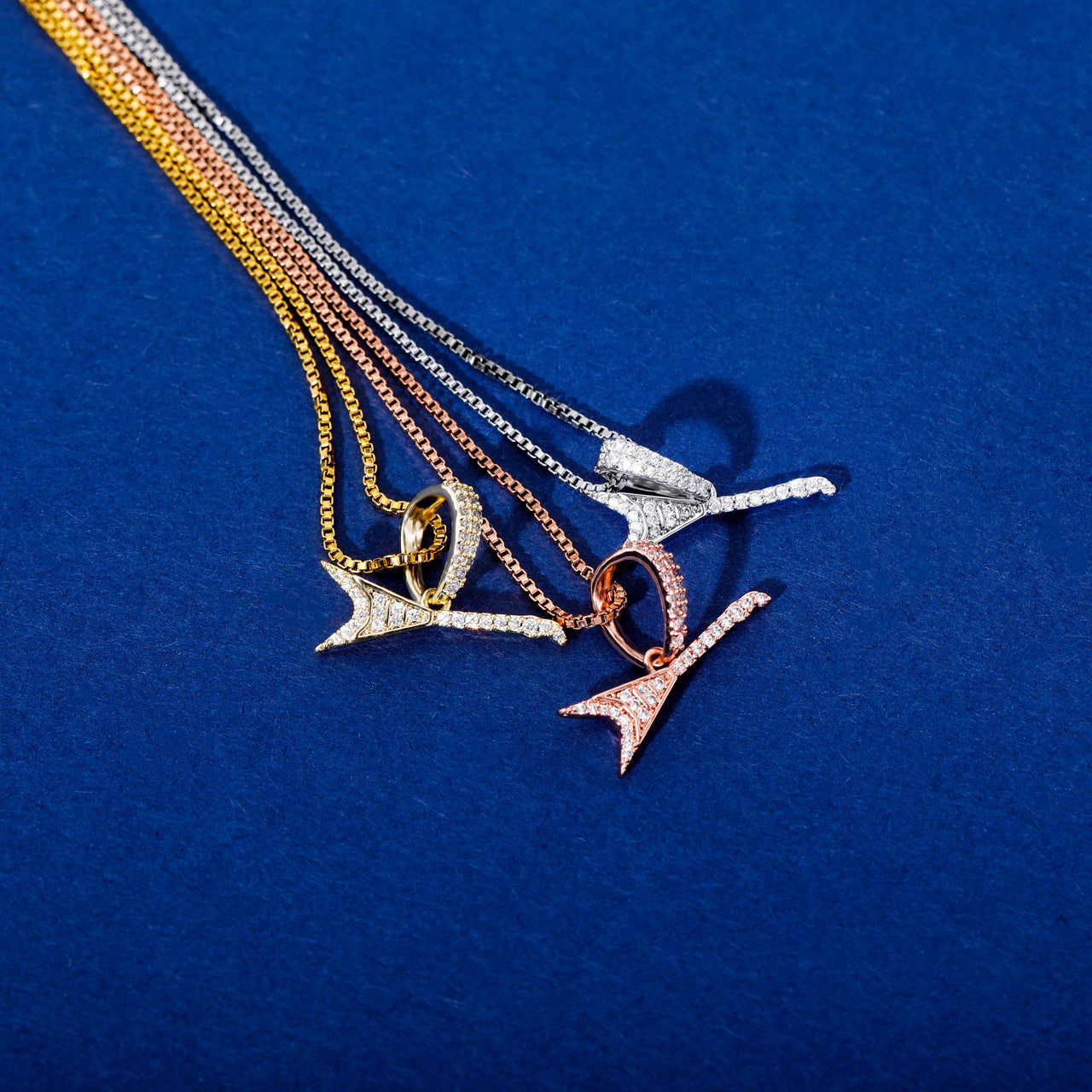 White Rose Gold Silver 925 Sterling Silver 80&#39;s Rocker Guitar Street Rock Micro Pendant Chain Necklace