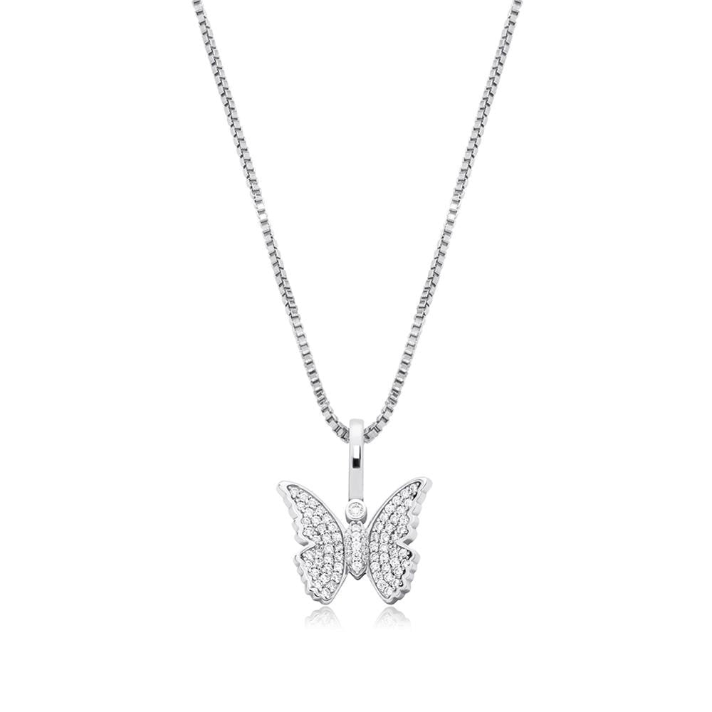 Ladies 925 Sterling Silver Bling Bling Delicate Butterfly Pendant Chain Necklace