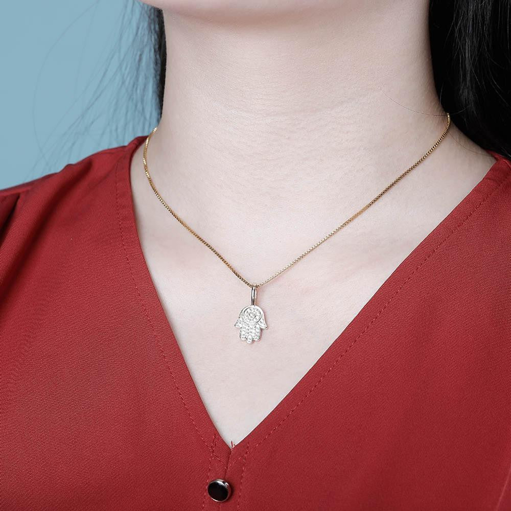 14k Rose Gold Over Sterling Silver Flooded Ice Hamsa Hand Bling Pendant Chain Necklace