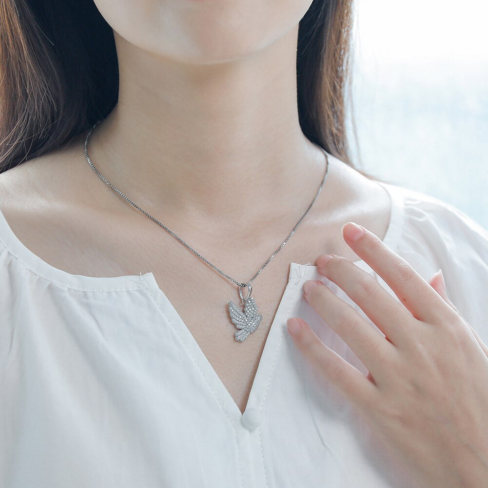 Ladies .925 Sterling Silver Spiritual Peace Dove Impression 3A Simulate Diamond Stone Necklace