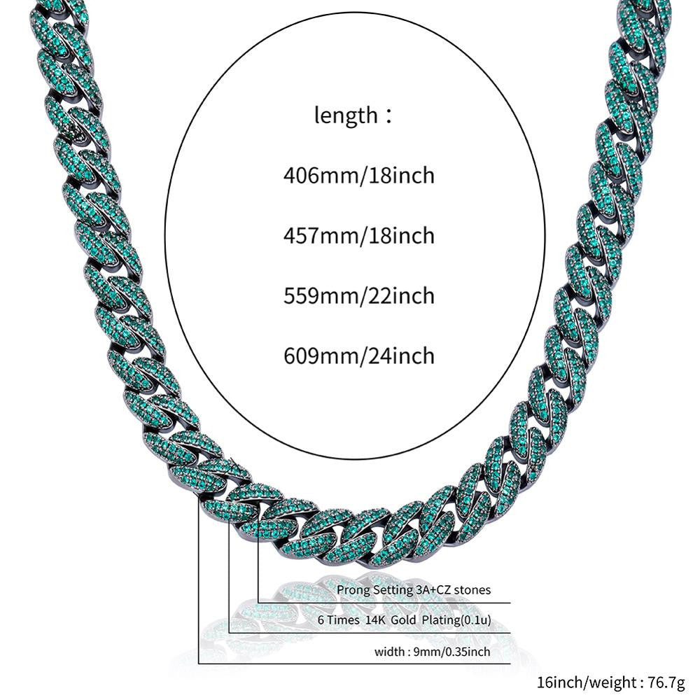 Ladies 9mm Colorful Cuban Link 3A Micro Pave High Fashion Chain Necklaces