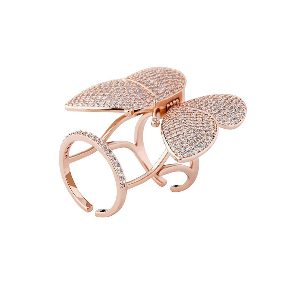 18k 925 Silver Rose Gold Ladies AAA True Micro Pave 3D Butterfly Hip Fashion Ring
