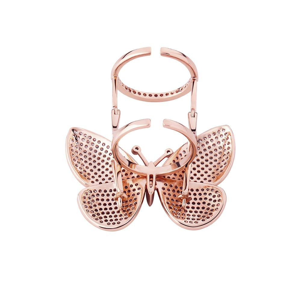 18k 925 Silver Rose Gold Ladies AAA True Micro Pave 3D Butterfly Hip Fashion Ring