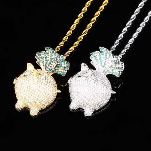 Money In The Bang Little Pig Piggy Bank Dollars Hip Hop Pendant Chain Necklace