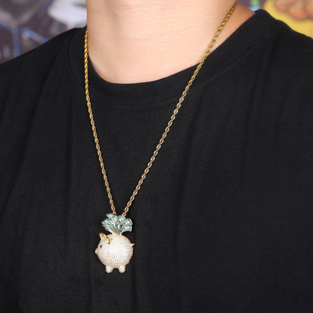 Money In The Bang Little Pig Piggy Bank Dollars Hip Hop Pendant Chain Necklace