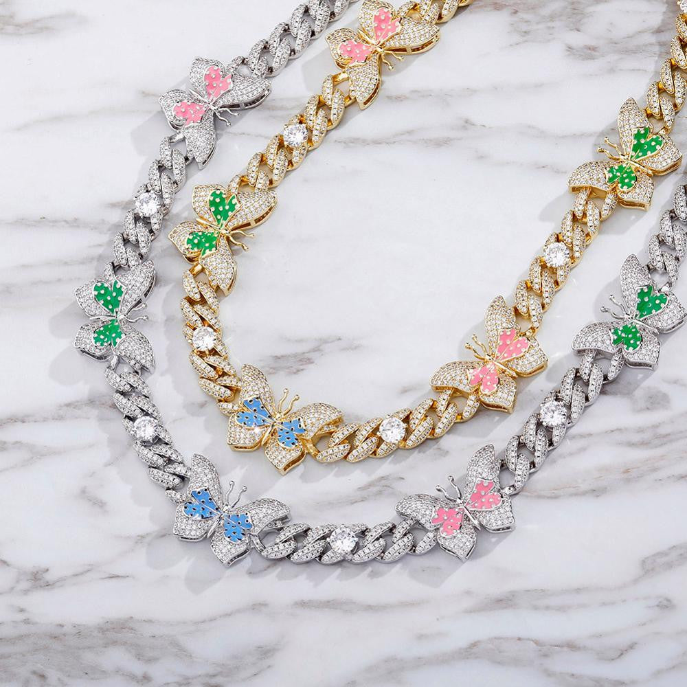 Ladies Double Color Choker Style Butterfly Cuban Link Chain Necklace