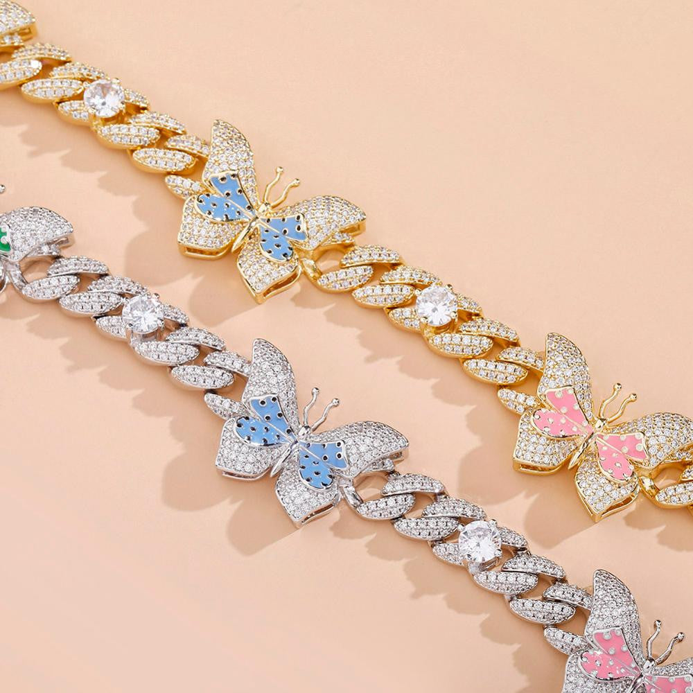 Ladies Double Color Choker Style Butterfly Cuban Link Chain Necklace