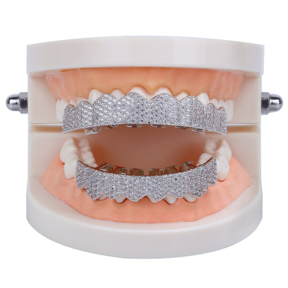 Custom Fit AAA Micro Pave 14k Gold 925 Silver Hip Hop Teeth Grillz Set Top & Bottom Teeth Grills