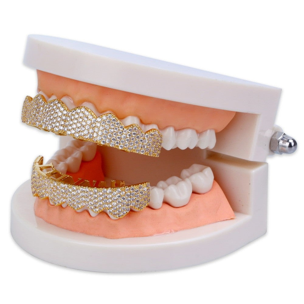 Custom Fit AAA Micro Pave 14k Gold 925 Silver Hip Hop Teeth Grillz Set Top & Bottom Teeth Grills
