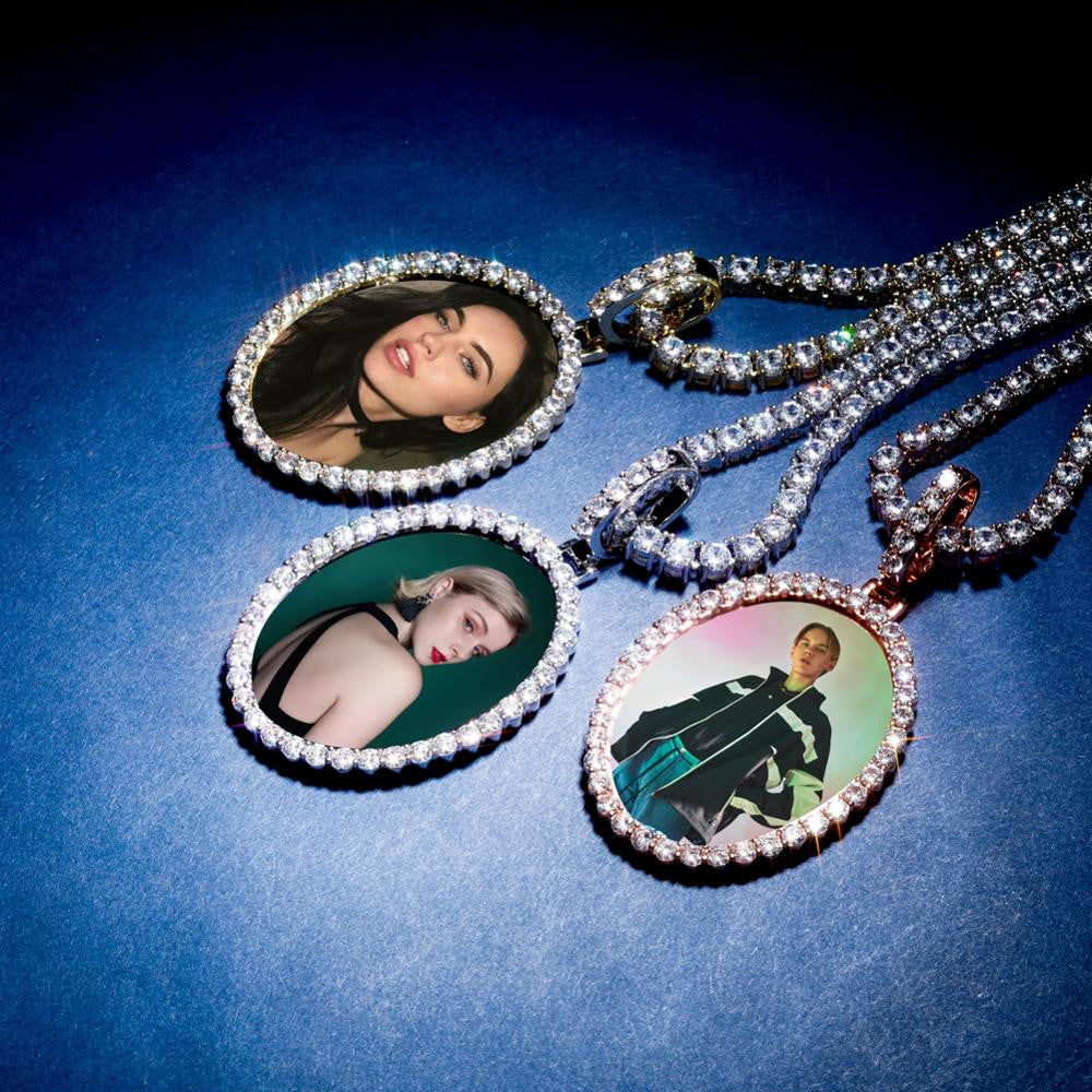 Flooded Iced Oval Custom Photo Picture Selfie Hip Hop Pendant Chain Necklace