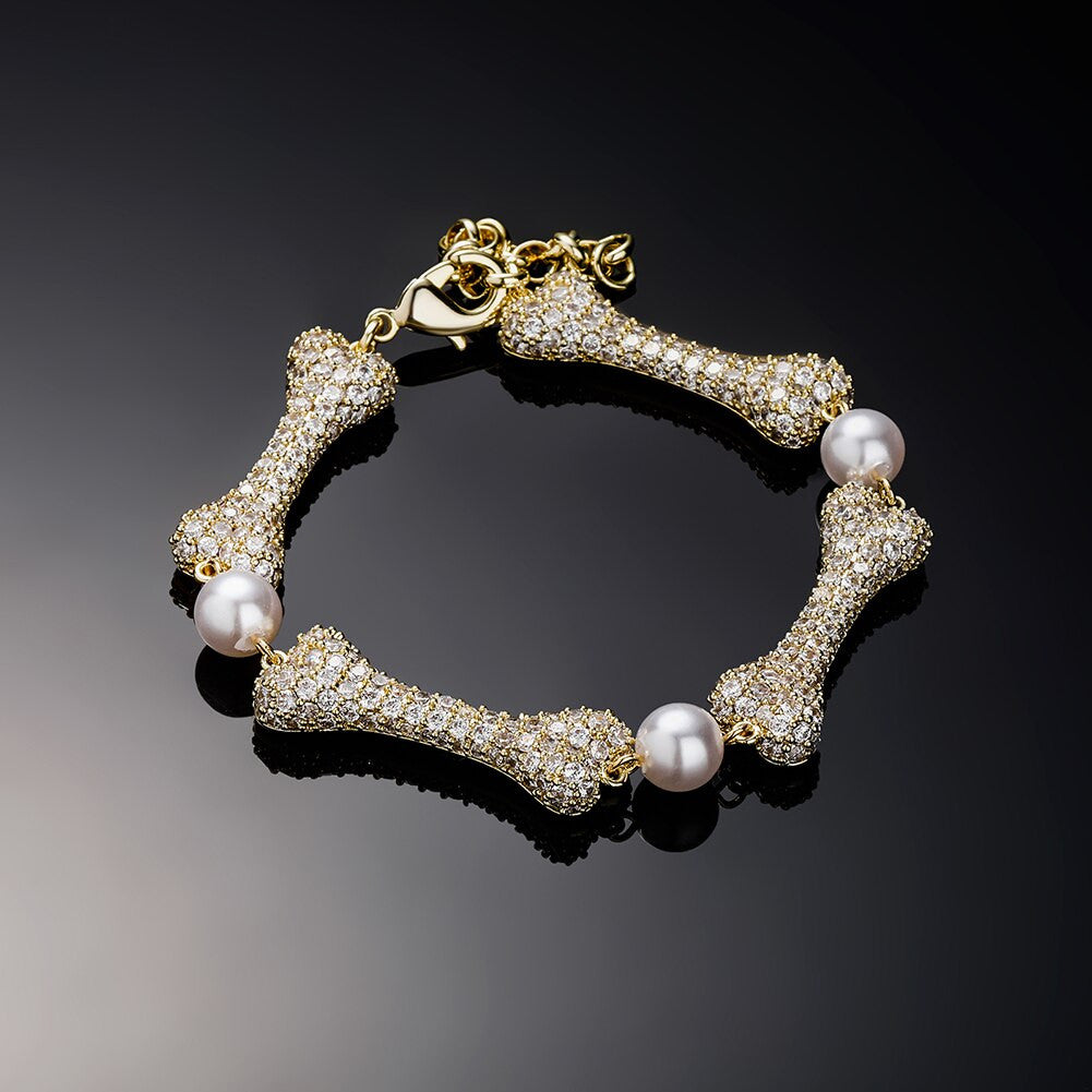  Ladies New Bone &amp; Pearl Simulate Diamond Bling Street Wear Bracelet