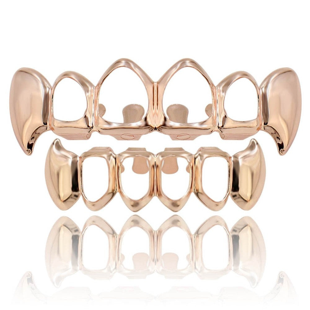 Gold Silver Rose Gold Black Hematite Hip Hop Teeth Fang Hollow Vamp Grill Top &amp; Bottom Set