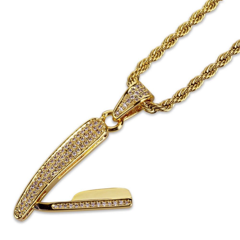 14k Gold Micro Pave Old School Barber Razor Shaver Liner Hip Hop Pendant