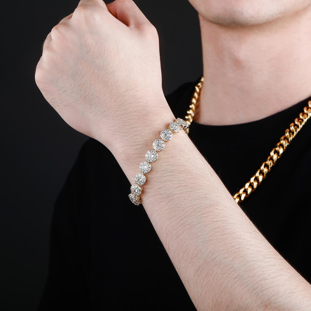 Mens Flooded Ice 14k Gold .925 Silver Iced Bling Round Micro Pave Hip Hop Bracelet