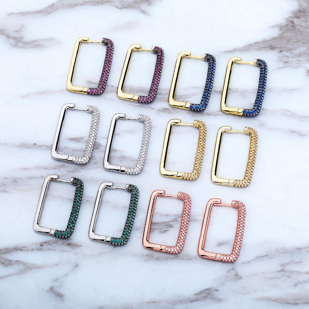 Ladies Square Hoop Cut Street Wear Fashion Flooded Ice Bling Bling Earrings