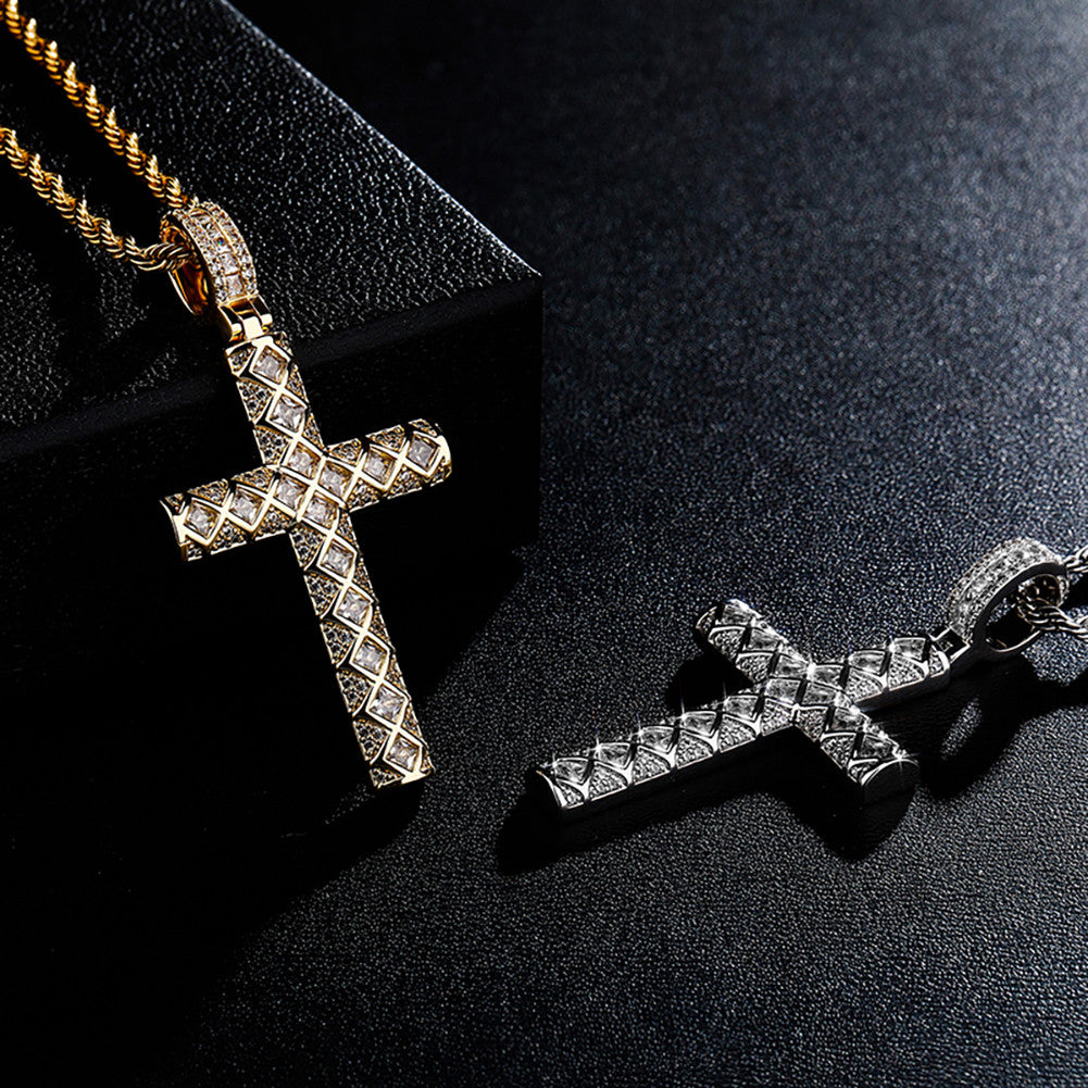 Mens Hip Hop Jagged Baguette 14k Gold 925 Silver Bling Cross pendant Chain Necklace