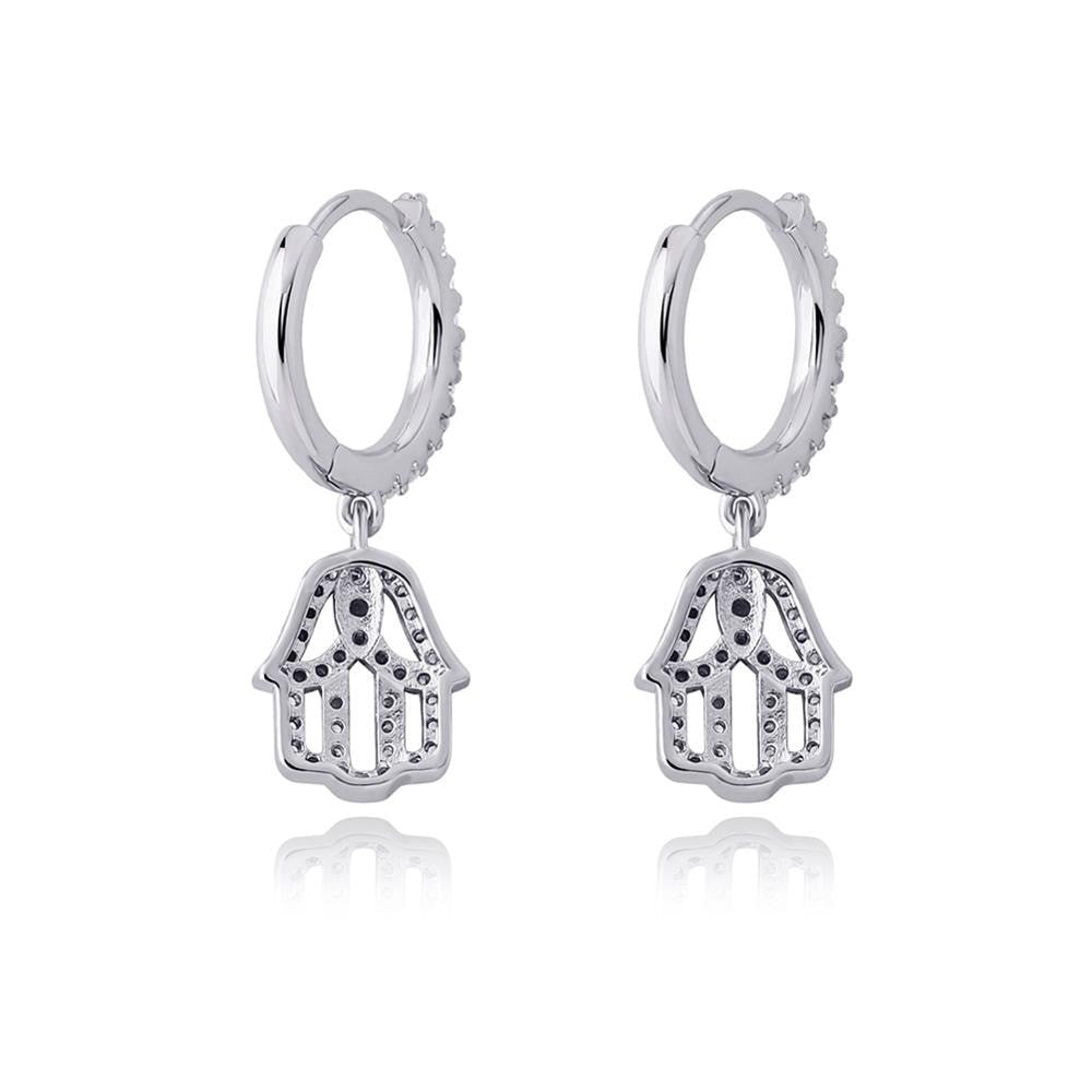 14k Rose Gold 925 Silver Hamsa Hand Street Wear Hip Hop Huggie Hoop Style Earrings