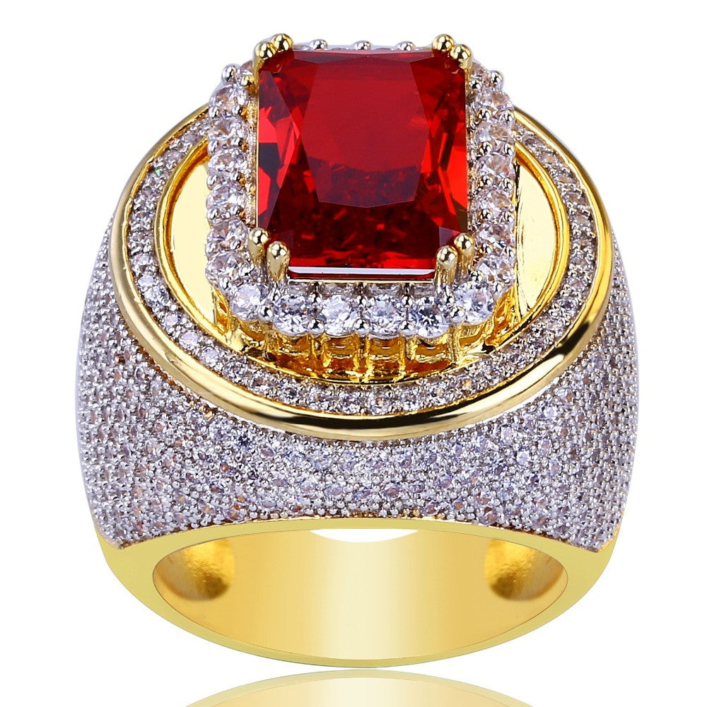The Center Piece | Paved VVS Diamond CZ Square Cut 4 Prong  Ruby Hip Hop Rings