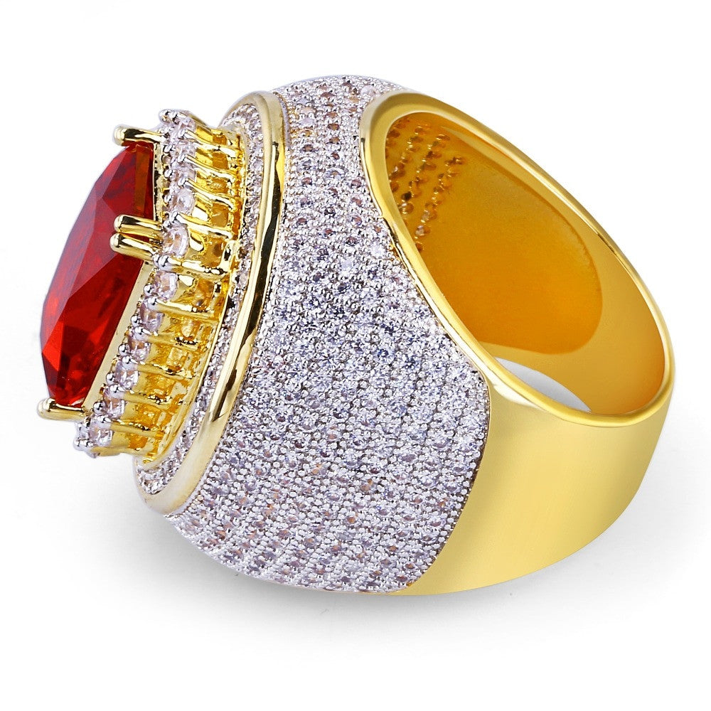 The Center Piece | Paved VVS Diamond CZ Square Cut 4 Prong  Ruby Hip Hop Rings