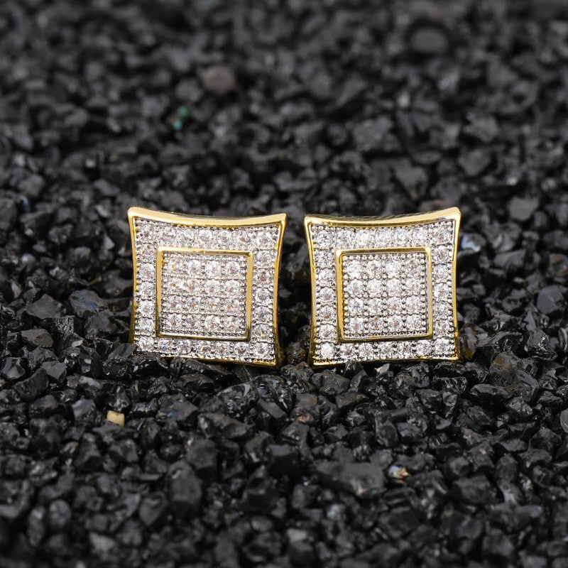 AAA Micro Pave Double Squared Hip Hop 14k Gold 925 Silver Flooded Ice Earrings