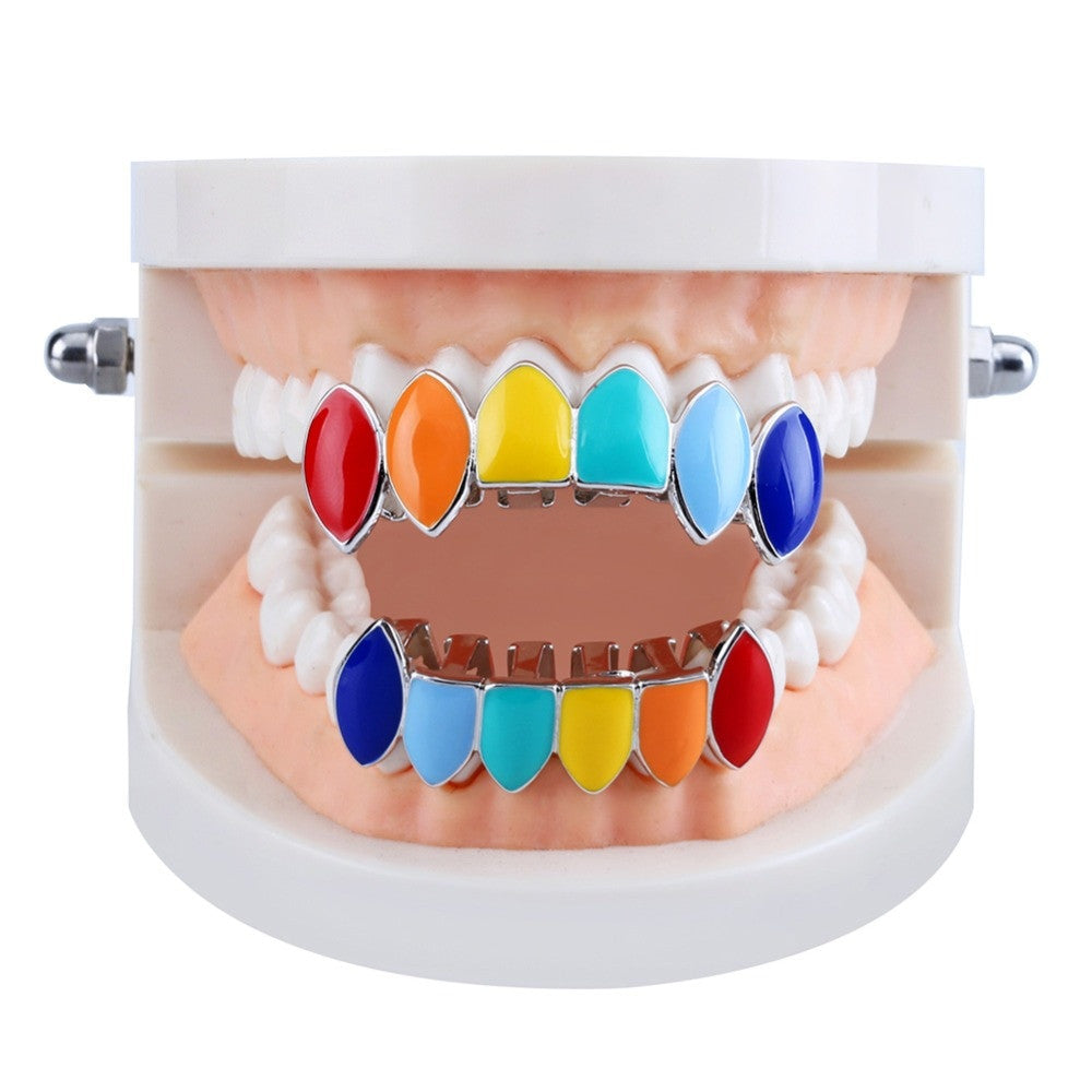 Hip Hop Gold Silver Rainbow Teeth Grillz Top Bottom Colorful Grills Set