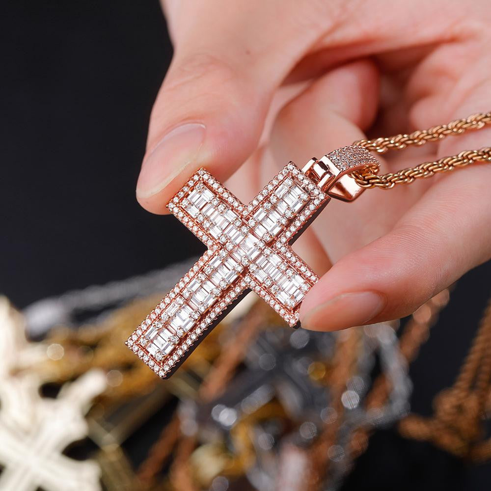 Flooded Ice True Micro Pave 14k 925 Rose Gold Bling Cross Pendant Chain Necklace