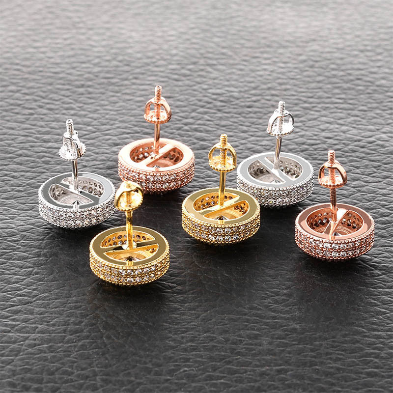 Hip Hop AAA Micro Pave Flooded Ice Bling Stud 14k Gold Silver Rose Gold Earrings