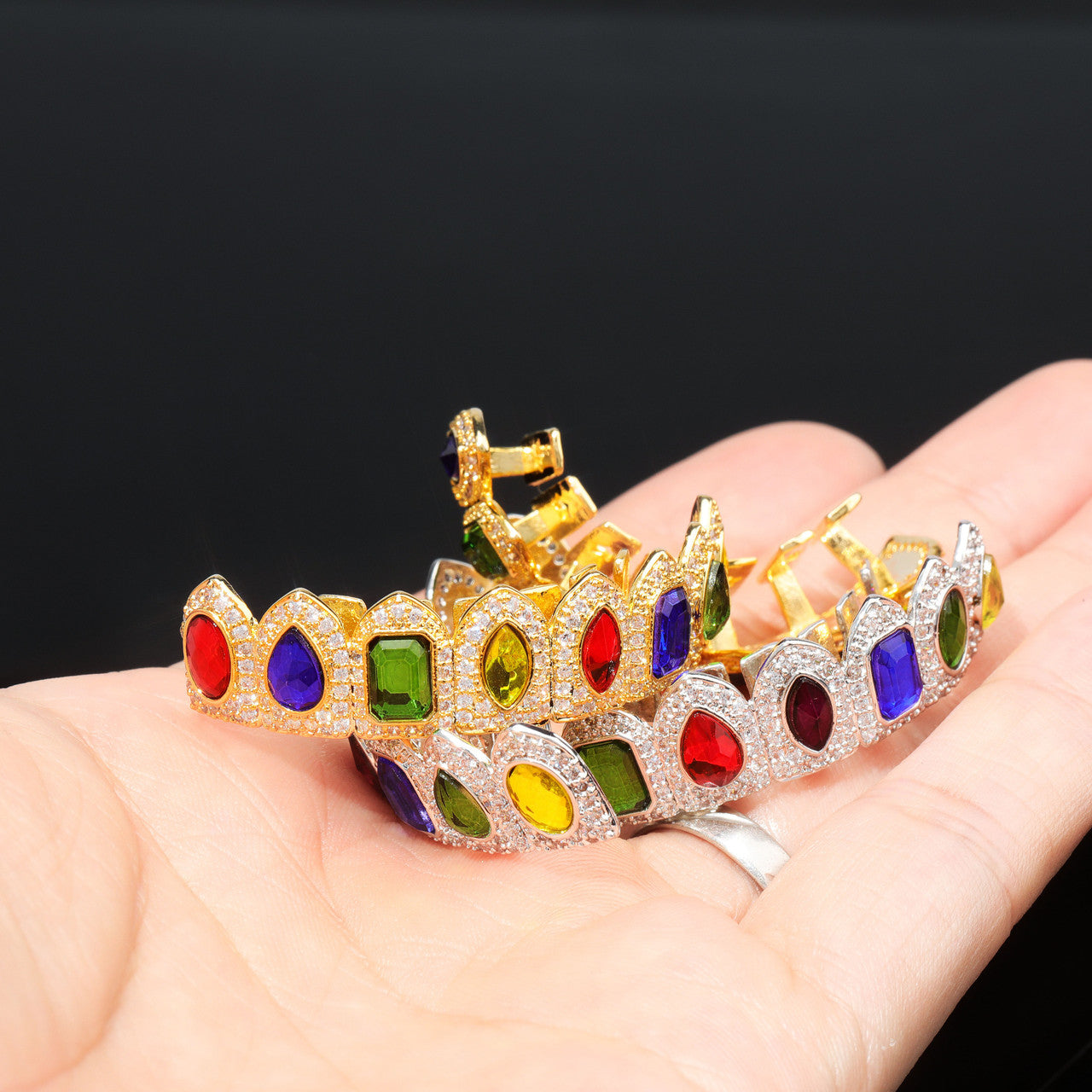 BLINGJEWELZ Crown Jewelz Flooded Ice Kings Grillz Hip Hop Mens Colorful Candy Mouth Teeth Grillz Set