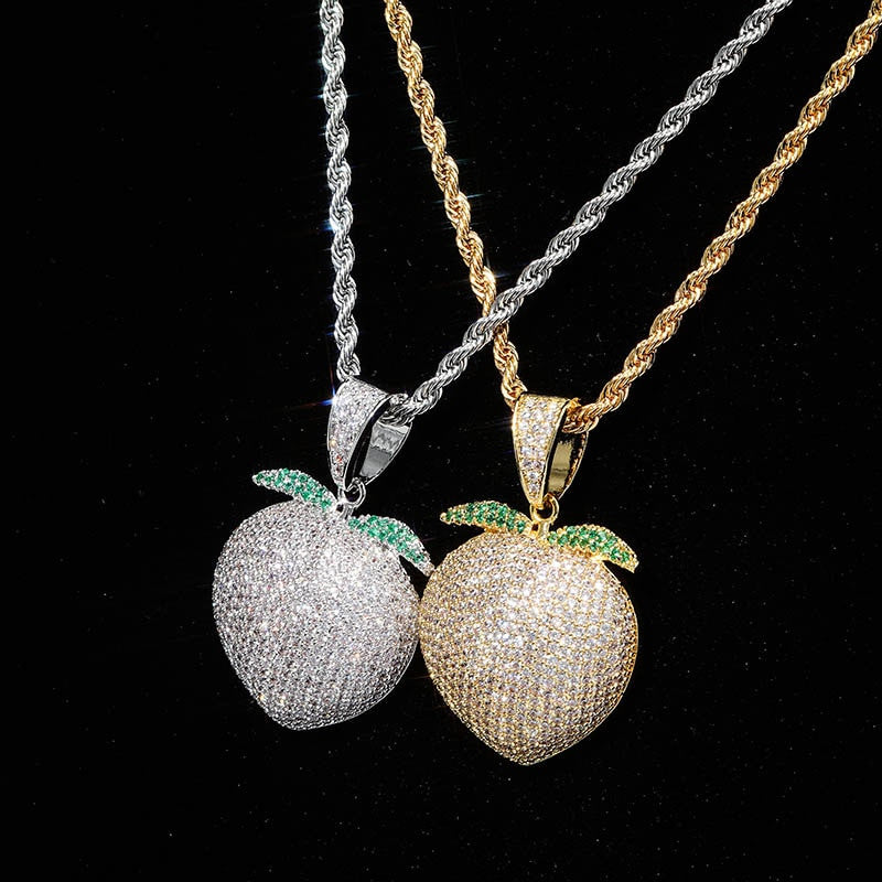 Silver 18k Rose Gold Bling AAA Micro Pave Sweet Peach Pendant Chain Necklace
