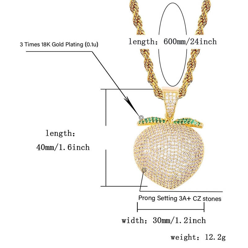 Silver 18k Rose Gold Bling AAA Micro Pave Sweet Peach Pendant Chain Necklace