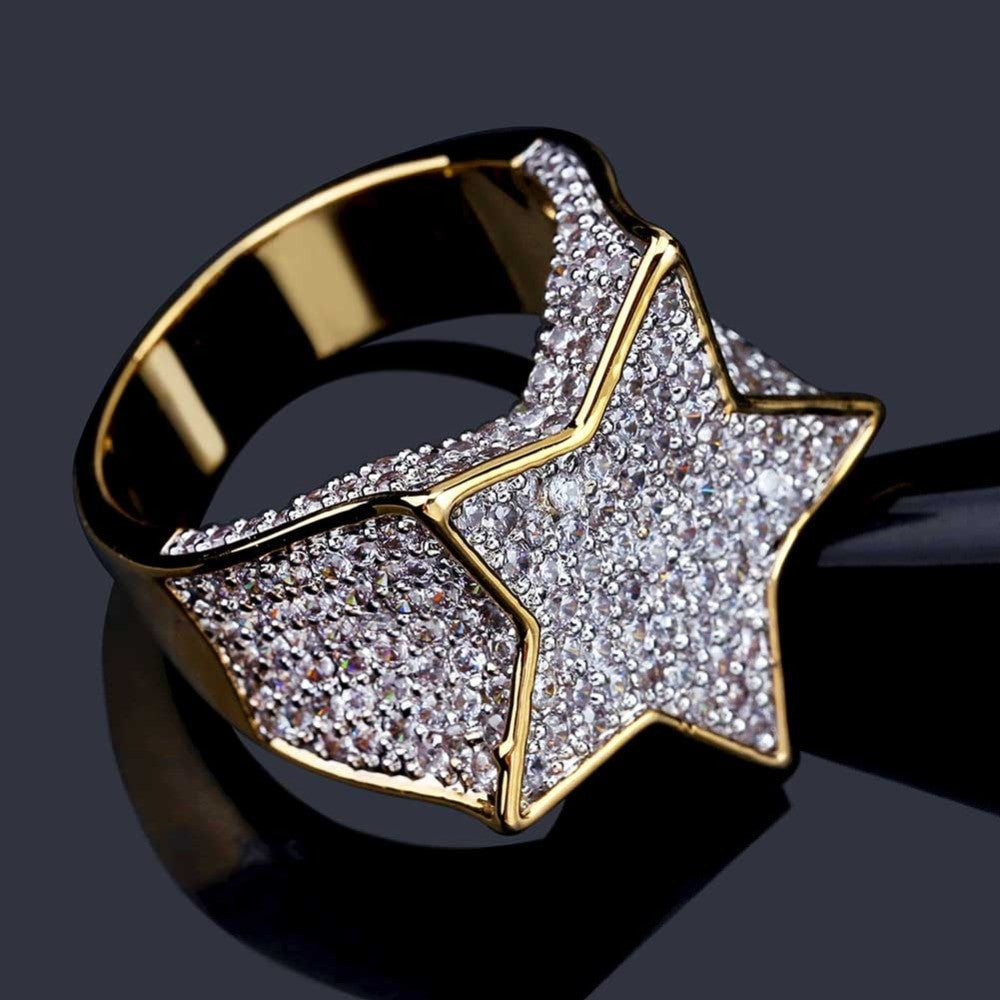 Hip Hop New Custom 14k Gold Star Struck Flooded Ice Hip Hop Ring