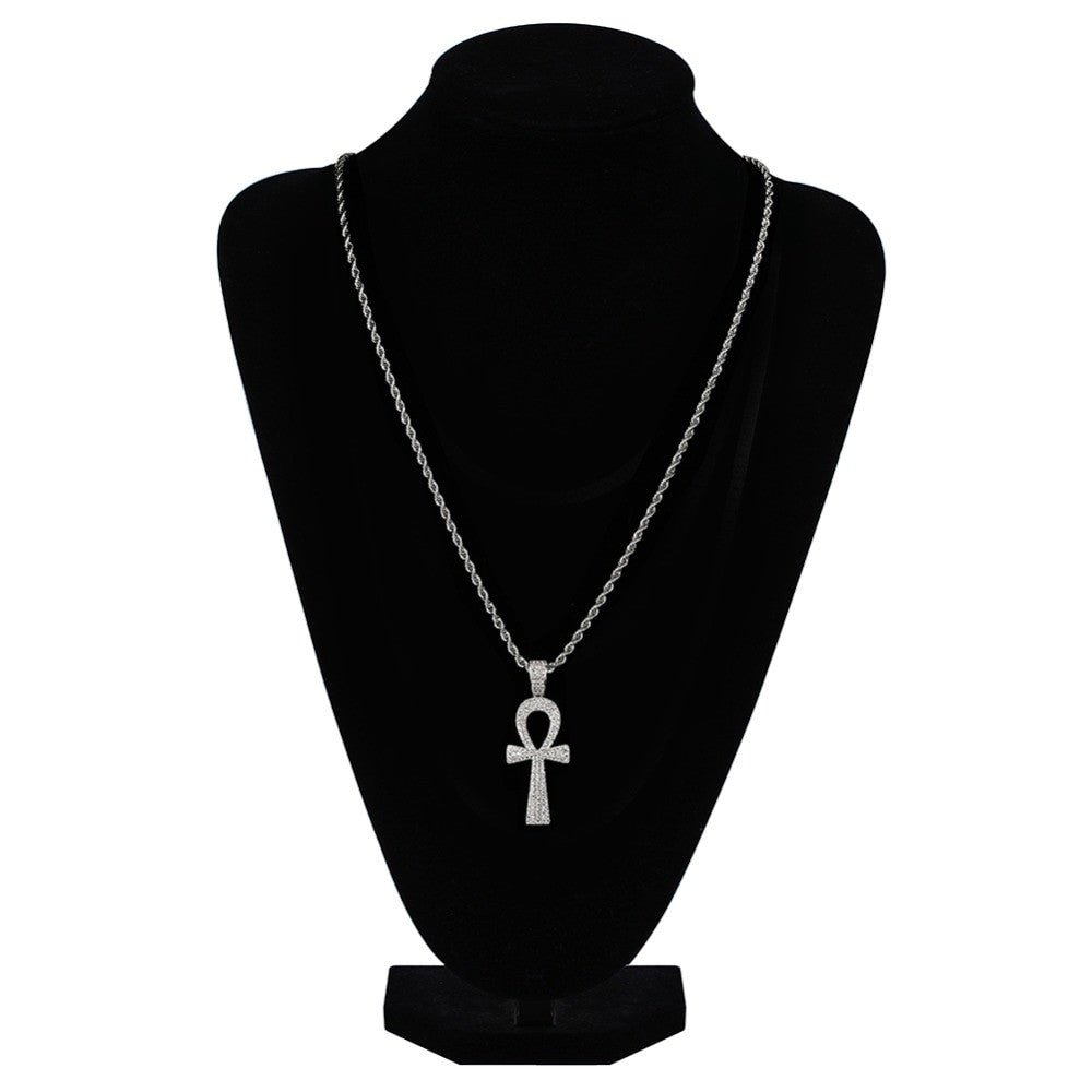Hip Hop 14k Gold Silver Ankh Cross AAA Micro Pave Pendant Chain Necklace