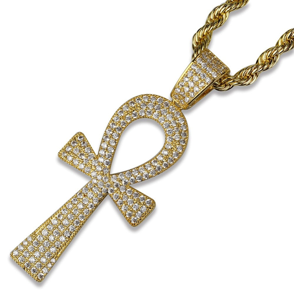 Hip Hop 14k Gold Silver Ankh Cross AAA Micro Pave Pendant Chain Necklace
