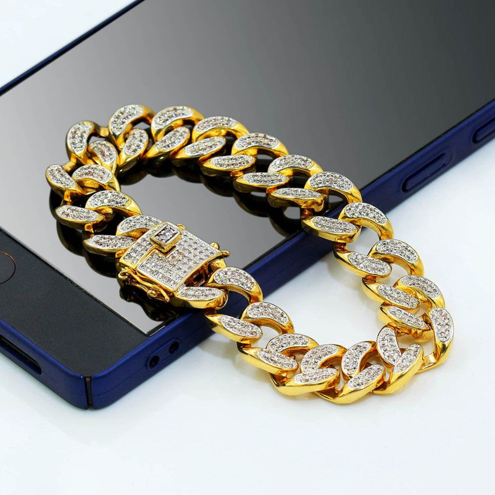 Hip Hop 14mm AAA True Micro Pave Flooded Ice Gold Silver Cuban Link Bracelet