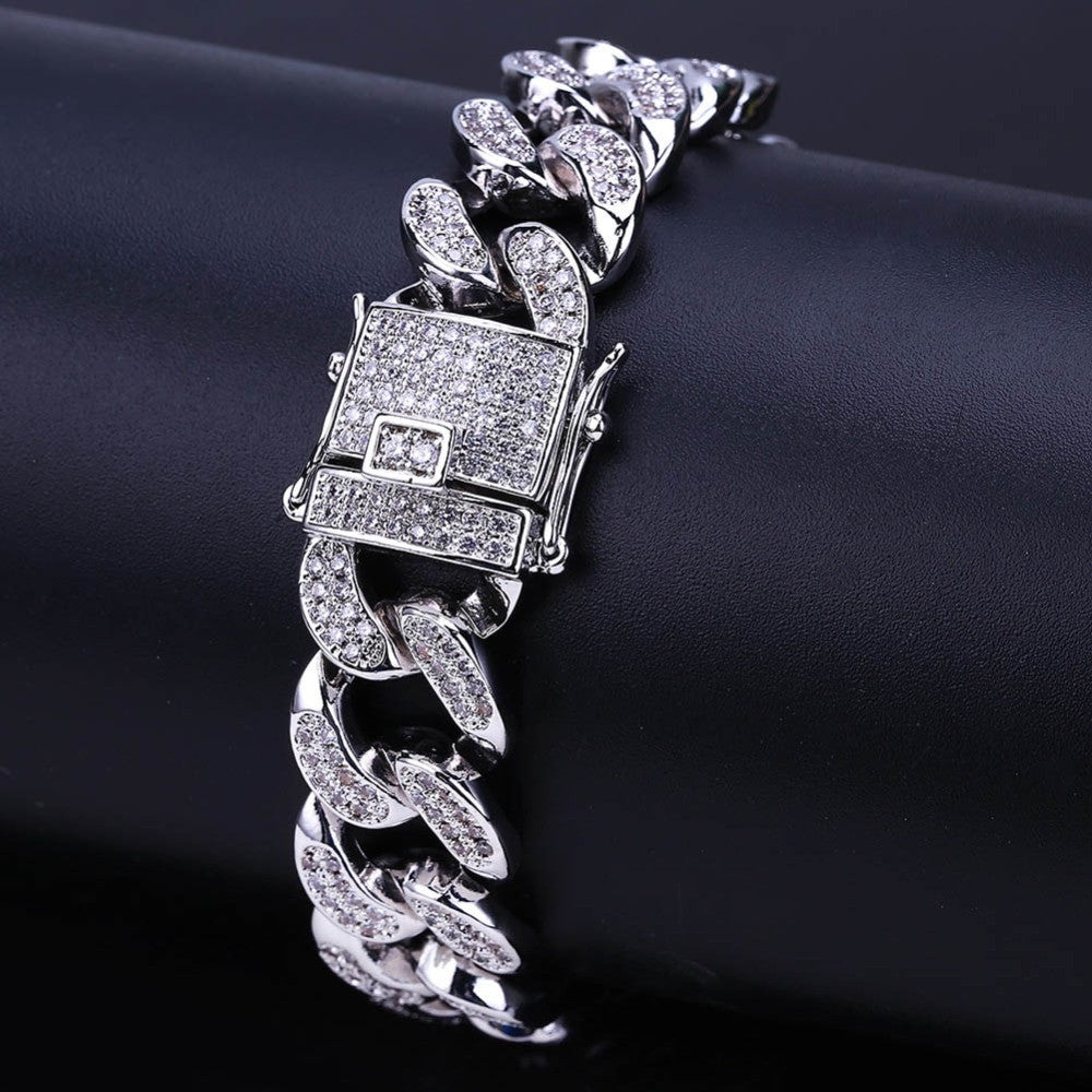 Hip Hop 14mm AAA True Micro Pave Flooded Ice Gold Silver Cuban Link Bracelet