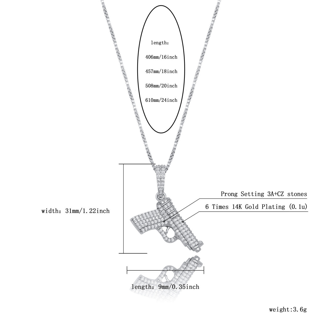 Ride or Die Hip Hop 925 Sterling Silver Rose Gold 14k Hip Hop Gun 380 Pistol Bling Pendant
