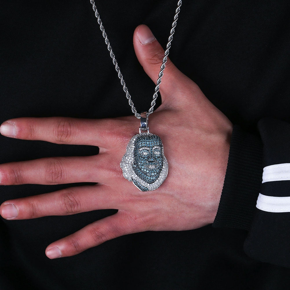 Hip Hop Blue Face Platinum Benjamin Franklin Pendant Chain Necklace