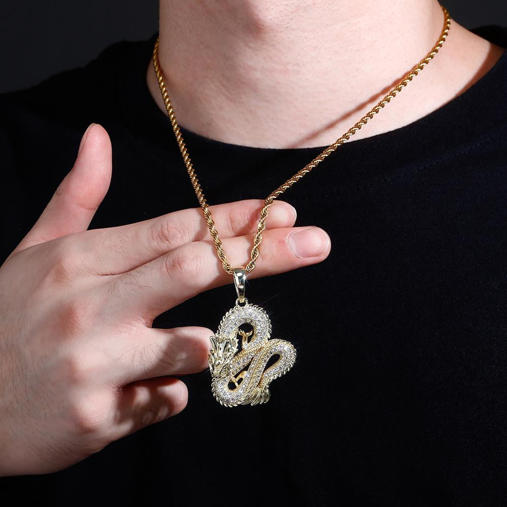 Mens Street Wear Ice Sculptured Detailed Dragon Hip Hop Pendant Chain Necklace