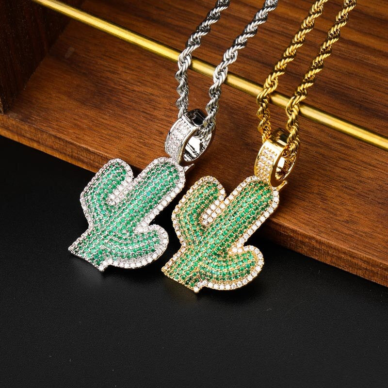 18k Gold 925 Silver Hip Hop Green Cactus Bling Pendant Chain Necklace