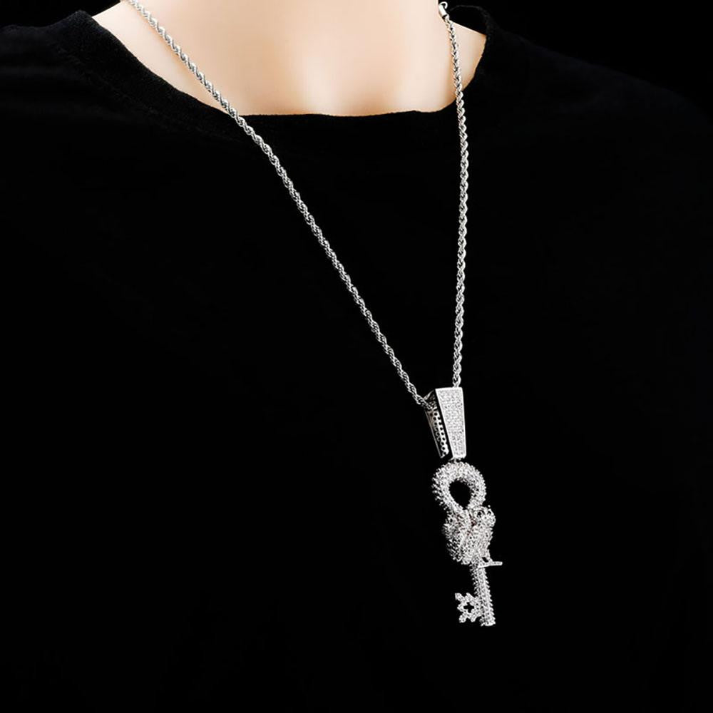 Hip Hop Flooded Ice Wise Owl Skeleton Key Bling Pendant Chain Necklace