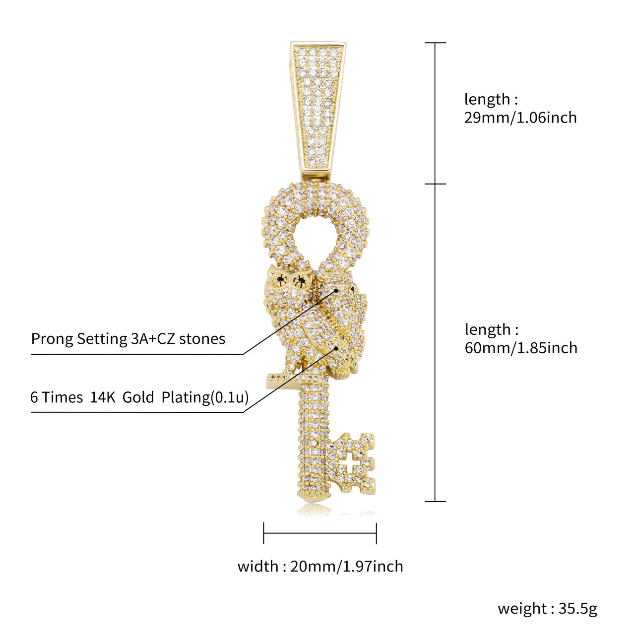 Hip Hop Flooded Ice Wise Owl Skeleton Key Bling Pendant Chain Necklace