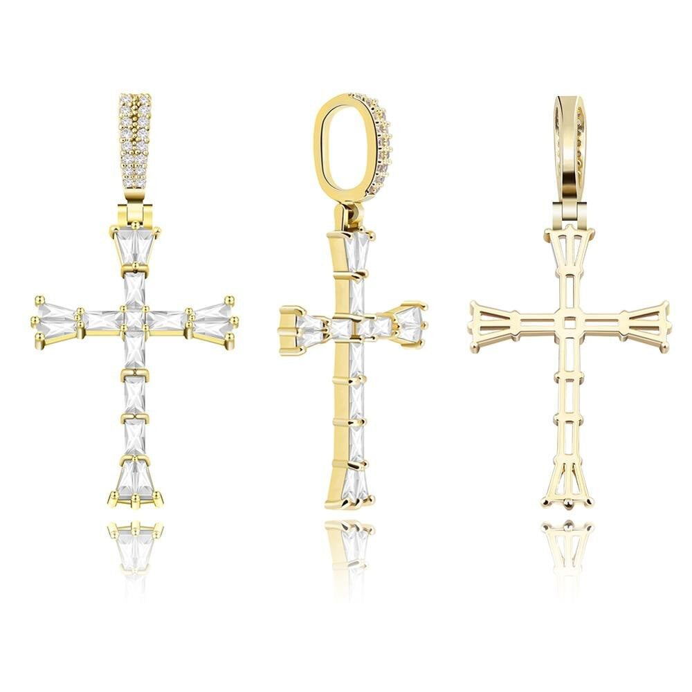 14k Silver Rose Gold All Ice Baguette Center Stone Hip Hop Cross Pendant Chain Necklace