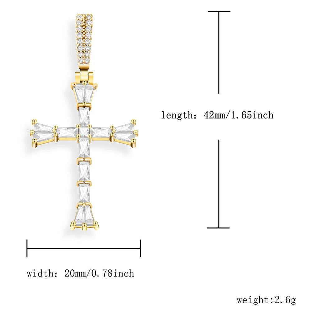 14k Silver Rose Gold All Ice Baguette Center Stone Hip Hop Cross Pendant Chain Necklace