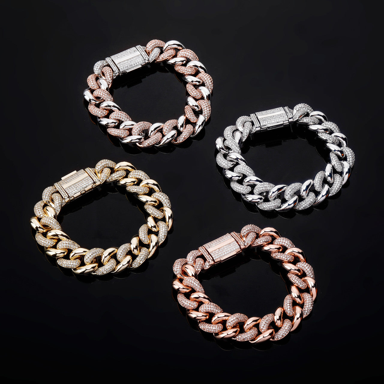 Men&#39;s 16mm Rose 14k Gold .925 Silver Designer Miami Cuban Link AAA Iced Hip Hop Bracelet 