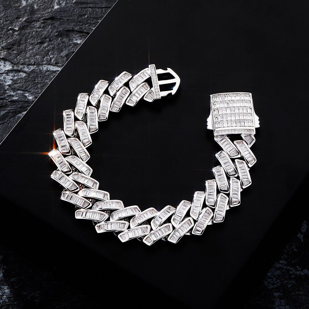 Mens Flooded Ice 18mm 14k 925 Silver Baguette Pave Set Cuban Link Hip Hop Bracelet